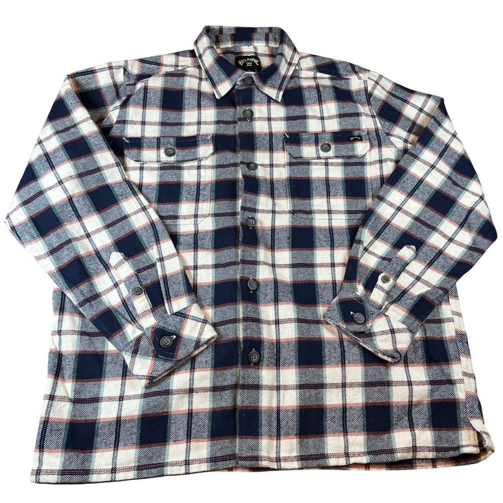Billabong‎ Kids Large Plaid Flannel Button Down Shirt Navy Blue White Orange L